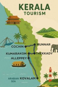 Kerala tourism map with following route Cochin - Munnar - Thekkady - Kumarakom - Alleppey - Kovalam