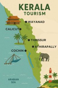 Kerala tourism map with following route Calicut - Wayanad - Thrissur - Athirapally - Cochin